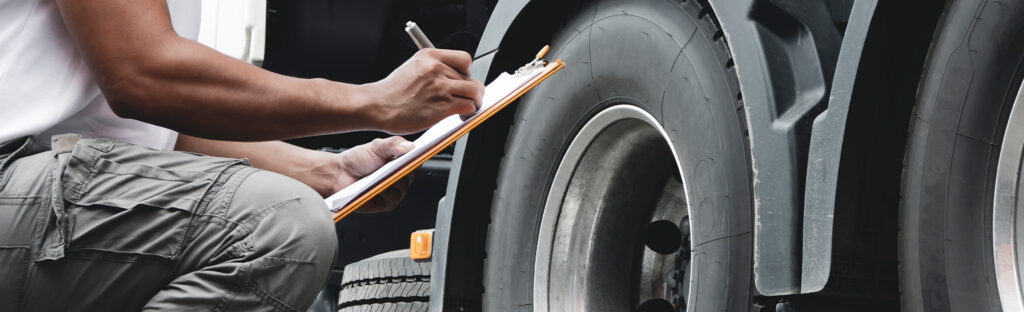 A Maryland DOT employee performs a truck inspection using a clipboard.