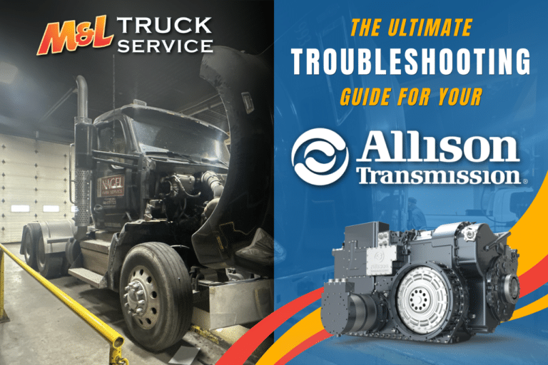graphic of allison transmission guide over photo of m&l truck service shop